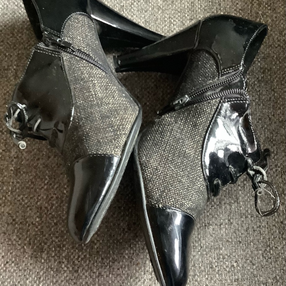 Black Patent Leather Booties with 2-1/2” Heel, Zipper, Laces